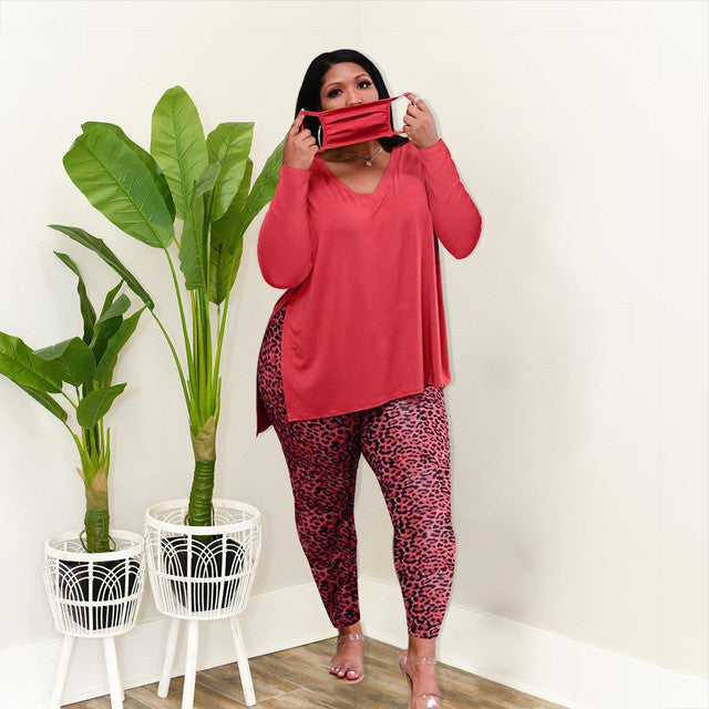 V Neck Leopard Set Plus Size