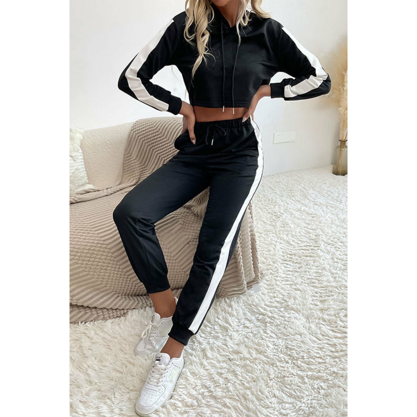 Side Stripe Cropped Hoodie and Jogger Set