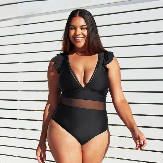 Mesh V Neck Ruffle One Piece Swimsuit